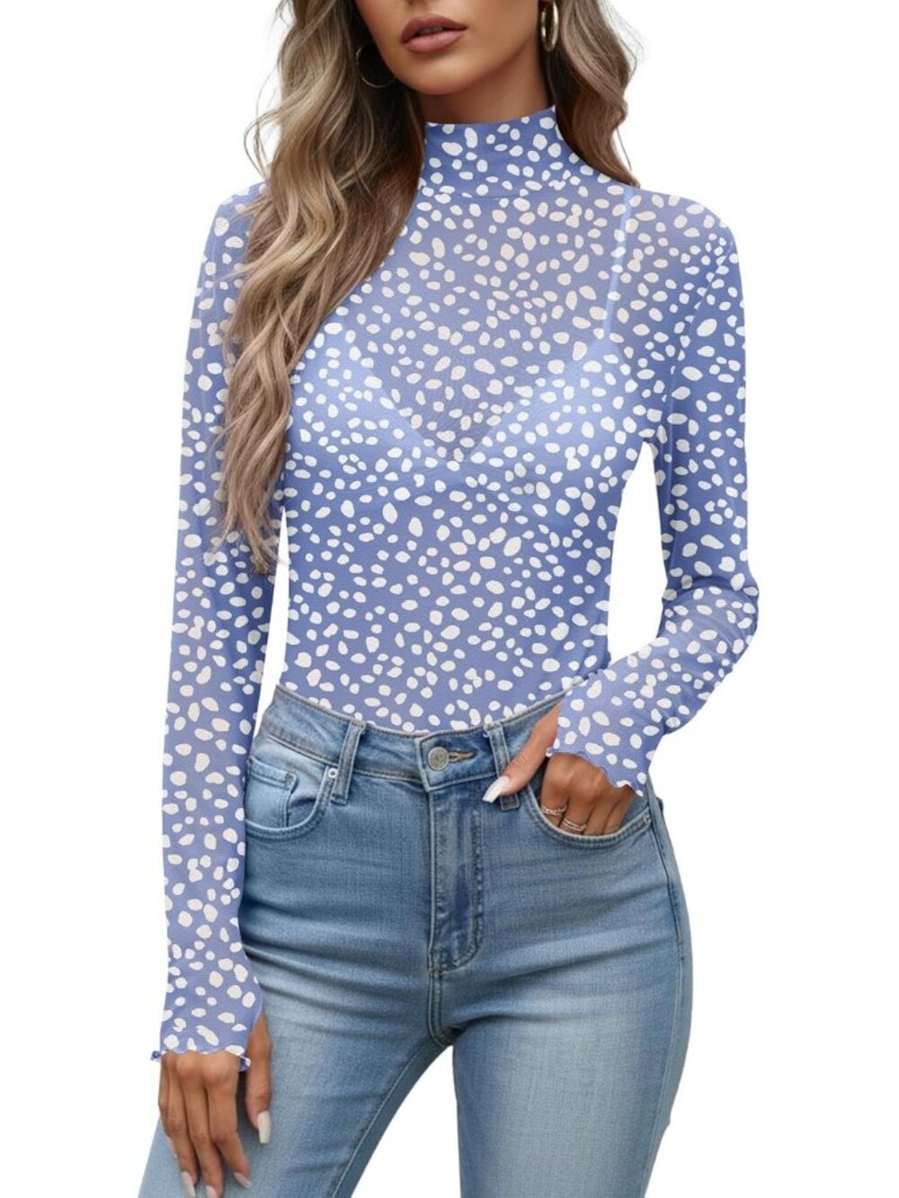 Women's Blue Polyester Mesh Top Blouse Party Clubwear Long Sleeve Shirt